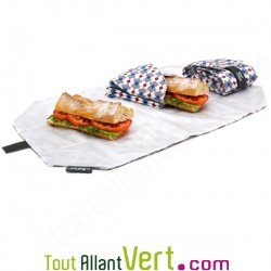 Pochette Carreaux gris ajustable et lavable pour emporter sandwich ou gouter, avec velcro
