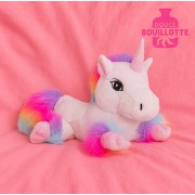 Peluche bouillotte déhoussable Licorne blanche arc en ciel au micro-ondes