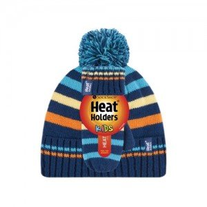 Bonnet et mouffles multicolore bleu orange ultra chaud enfant avec pompon Heat Holders