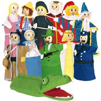 12 Marionnettes à main en tissu et tête en bois, 27cm