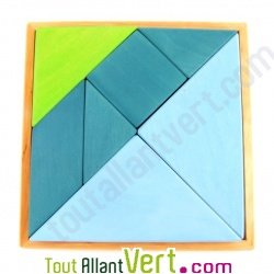 Tangram en bois bleu et vert, 12x12 cm, 7 ans+