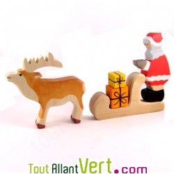 Pre Nol, traneau, renne + cadeaux en bois 15 cm