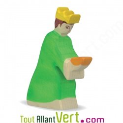 Balthasar en bois, le roi mage robe verte 11,5 cm