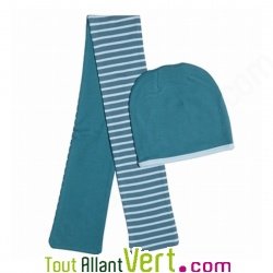 Bonnet bébé réversible et écharpe assortie Bleu en coton bio