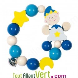 Hochet bb bois bleu et clochette sur lastique, Heimess