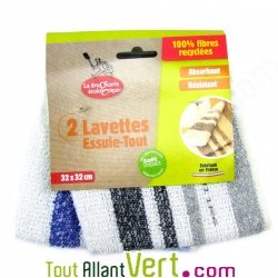 2 lavettes essuie-tout recycles, grise et bleue