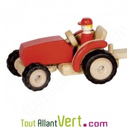 Grand tracteur et sa remorque en bois rouge, 52cm, 3 ans+
