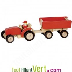 Grand tracteur et sa remorque en bois rouge, 52cm, 3 ans+