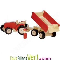Grand tracteur et sa remorque en bois rouge, 52cm, 3 ans+