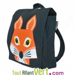 Sac  dos enfant en coton bio Renard orange et ardoise, 23 x 27 x 7,5 cm