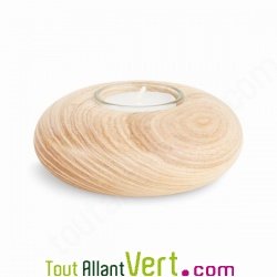 Bougeoir de table en bois naturel, forme galet rond, diamètre 10,5cm