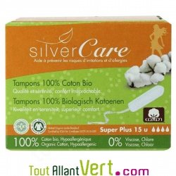 Tampons hygiéniques coton bio, Super Plus, sans applicateur, lot de 15, Silvercare