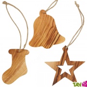 Set de 3 décorations en bois d'olivier, étoile, botte et cloche