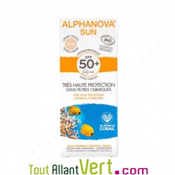 Crème solaire teintée claire visage peaux sensibles, indice 50+, sans filtres chimiques, tube de 50g