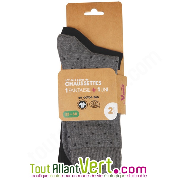Chaussettes Femme Coton Bio, lot de 2 paires uni noir / pois gris achat  vente écologique - Acheter sur