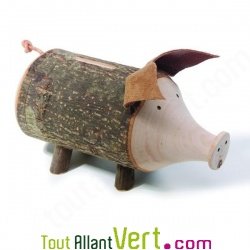 Tirelire cochon en bois et corce de bois
